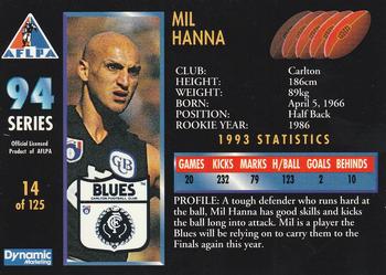 1994 Dynamic AFLPA #14 Mil Hanna Back